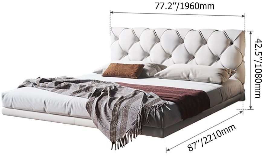 HMR - Modern King Floating Bed with Microfiber Upholstery Tufted Headboard in White