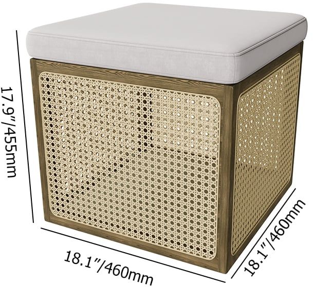 HMR - 18.1'' Boho Rattan Storage Ottoman Square Foot Stool in Khaki & Natural