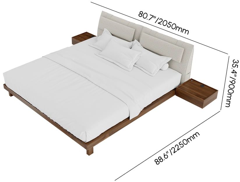 HMR - King Size Linen Bed with Floating Nightstands Bedroom Set