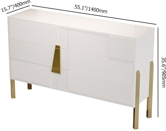 HMR - 55"W Modern White 6 Drawer Dresser Fluted Chest Storage Cabinet