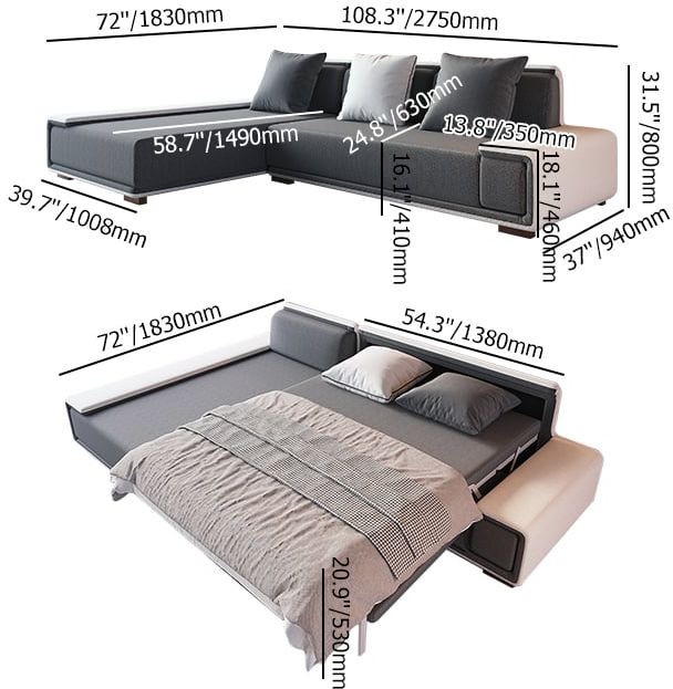 HMR - Doart 108.3" Cotton & Linen Convertible Sleeper Sofa Modular Corner L-Shaped 4-Seater