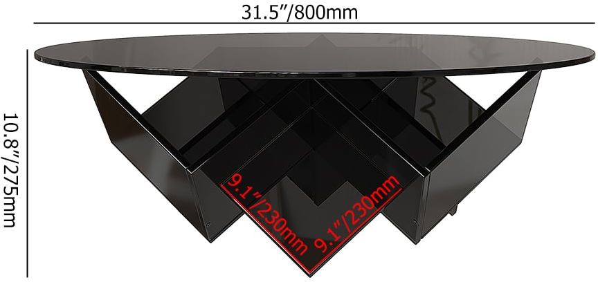 HMR - Acrylic Black Round Coffee Table in Geometric Abstract Art Deco Base Storage Shelves