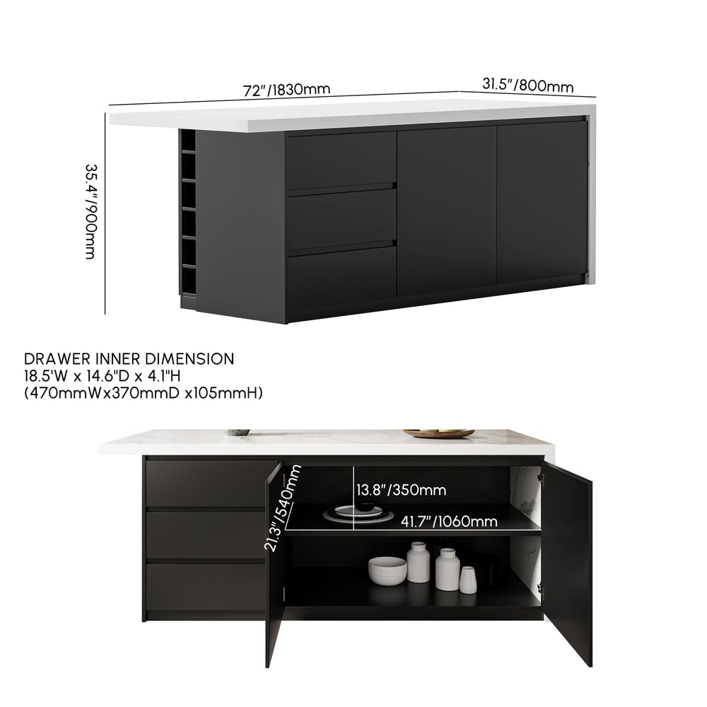 HMR Kitchen Island with Storage - White & Black, 72“/1830mm, Sintered Stone