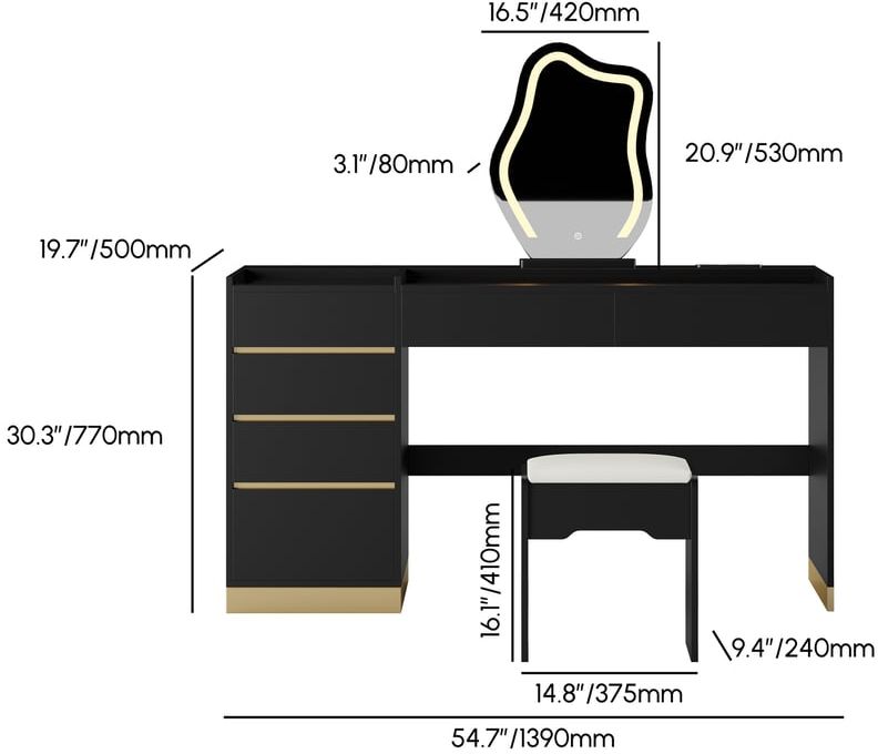 HMR 55" Smart Makeup Vanity Set with Mirror & Lights - Black