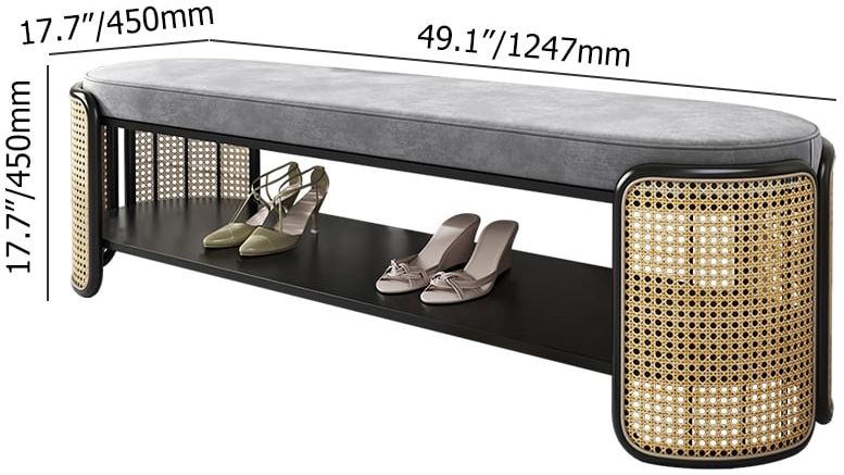 HMR - 49" Rattan Bench Modern Gray & Natural Upholstered Entryway Bench with Shoe Storage