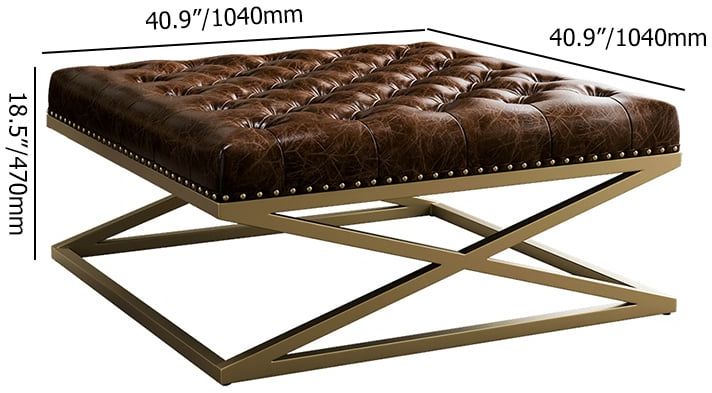 HMR - Top Grain Genuine Leather Square Coffee Table Brown Tufted Ottoman Antique Brass Frame