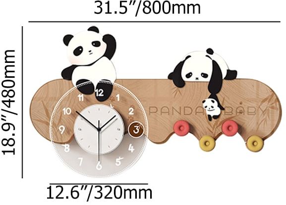 HMR - 4-Hook Wall Mounted Decorative Panda Coat Rack with 9.8'' LED Acrylic Clock