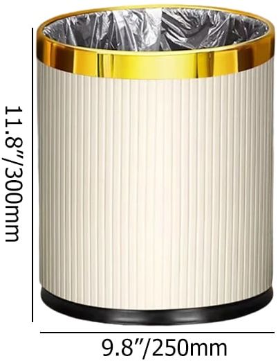 HMR - Gold & White Round Trash Can Open Top PU Leather & Metal Garbage Can for Bathroom