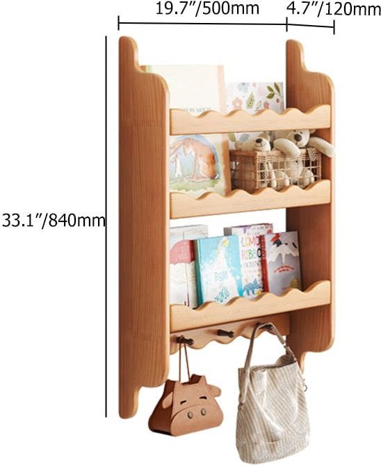 HMR - 3-Tier Wooden Wall Mounted Magazine Rack Shallow Bookshelf Display Shelf with Hooks
