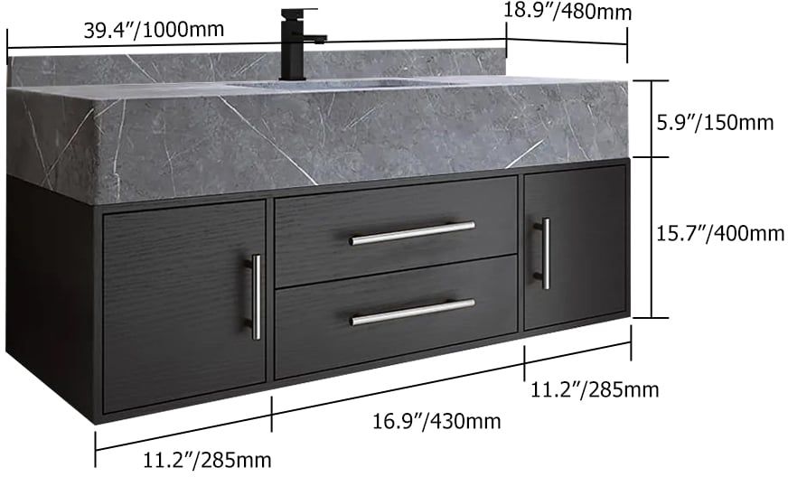 HMR 39" Modern Floating Stone Top Bathroom Vanity Set with Sink - Black/Silver, Wall Mounted
