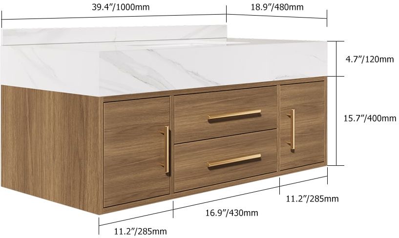 HMR 39" Modern Floating Stone Top Bathroom Vanity Set with Sink - Walnut/Gold, Wall Mounted