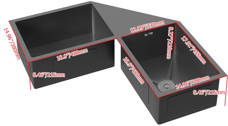 HMR - 34" Modern Drop In Butterfly Corner Kitchen Sink Double Bowls Stainless Steel in Black