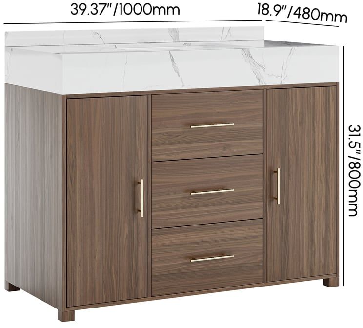 HMR 39" Modern Sintered Stone Top Bathroom Vanity Set with Sink - Walnut/Gold, Freestanding