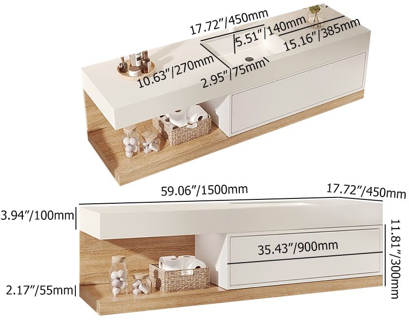HMR 59" Modern Floating Bathroom Vanity Set with Sink - Natural & White