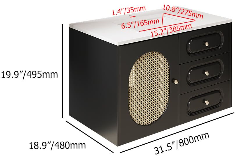 HMR - 31" Black Floating Bathroom Vanity Set Undermount Ceramic Sink with Rattan Door Cabinet