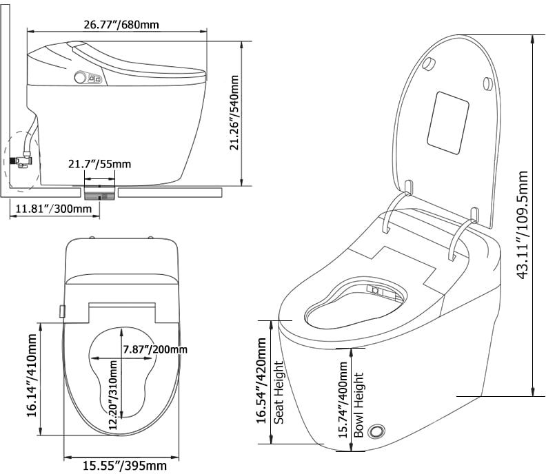 HMR Automatic Smart Bidet Toilet with Deodorizing Function 1.28 GPF - White, With Aromatherapy