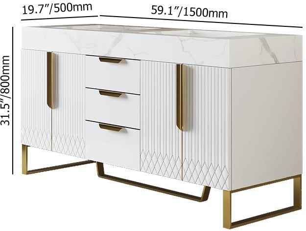 HMR Aro Freestanding Single Sink Bathroom Vanity Drawers Doors Faux Marble Top - White & Gold, Freestanding, Double