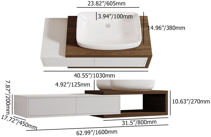 HMR - 41"-63" Extendable Floating Bathroom Vanity Set Wall Mounted Vanity in White & Walnut