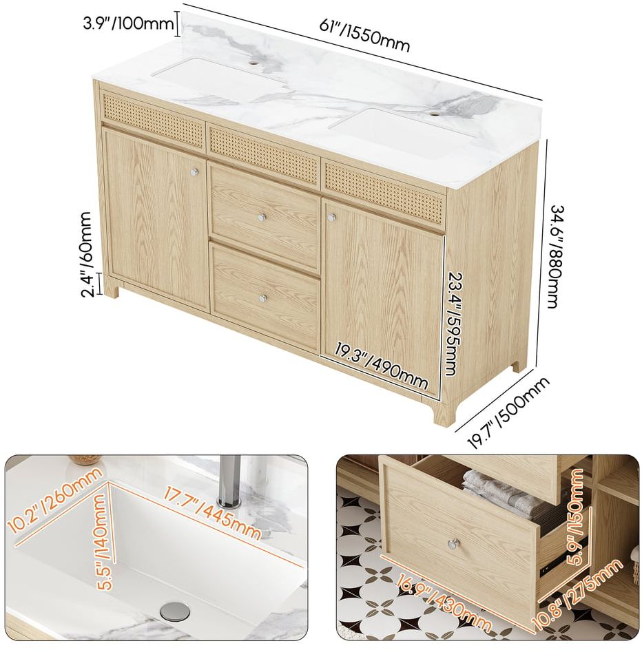 HMR - Bathroom Vanity Set 61" Freestanding Stone Bathroom Vanity Natural with Double Sinks
