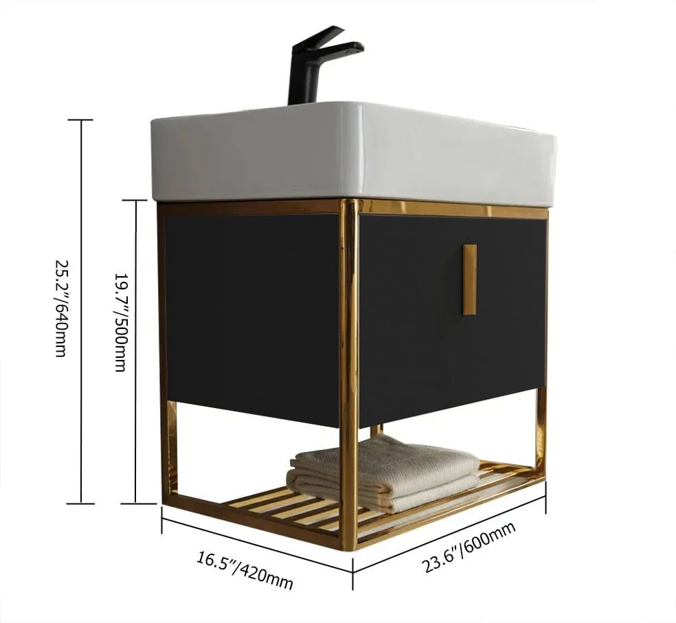 HMR 23.6" Modern Floating Bathroom Vanity with Drawer Shelf Single Ceramic Sink Small - Black & Gold