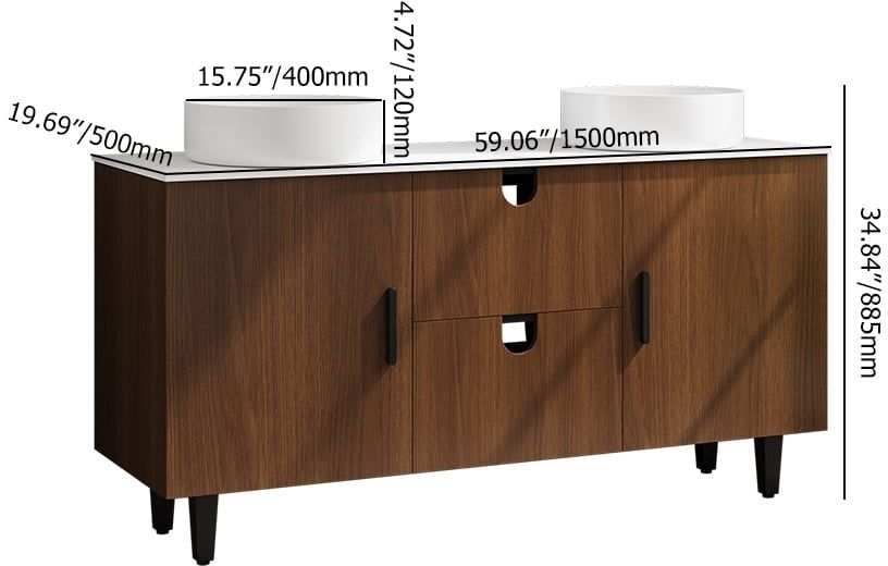 HMR - 59" Teak Wood Freestanding Double Bathroom Vanity with Top Vessel Sink