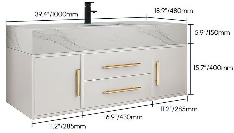 HMR 39" Modern Floating Stone Top Bathroom Vanity Set with Sink - White/Gold, Wall Mounted