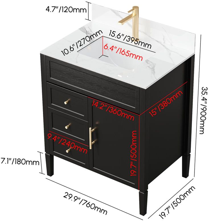 HMR - Bathroom Vanity Set 29.9'' Modern Freestanding Sintered Stone Bathroom Black with Sink