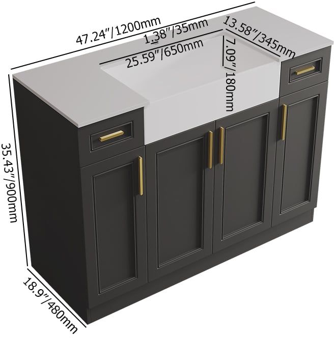 HMR - 48" Black Freestanding Single Farmhouse Sink Bathroom Vanity with Ceramic Top