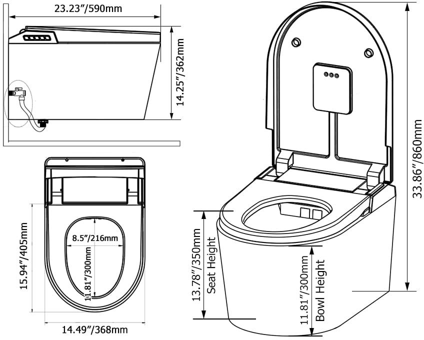 HMR - Automatic Wall-Mounted Smart Bidet Toilet with UV Sterilization Feature 1.58 GPF