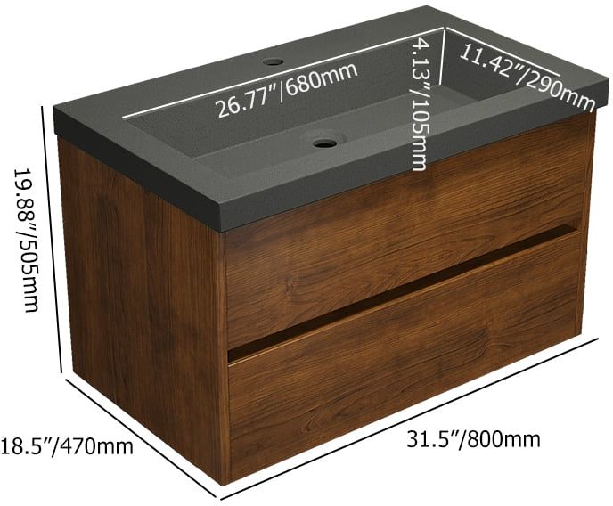 HMR - Bathroom Vanity Set 31.5" Modern Floating Concrete Bathroom Vanity Walnut with Sink