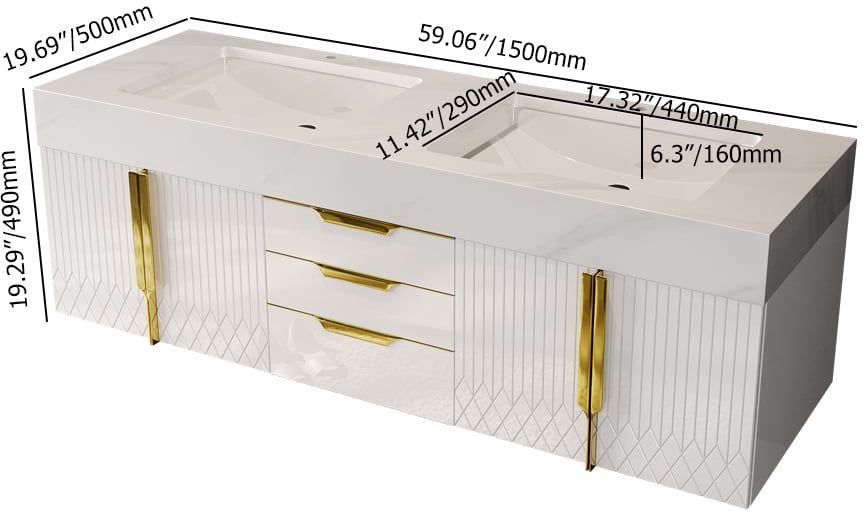 HMR Aro Freestanding Single Sink Bathroom Vanity Drawers Doors Faux Marble Top - White & Gold, Floating / Wall Mounted, Double