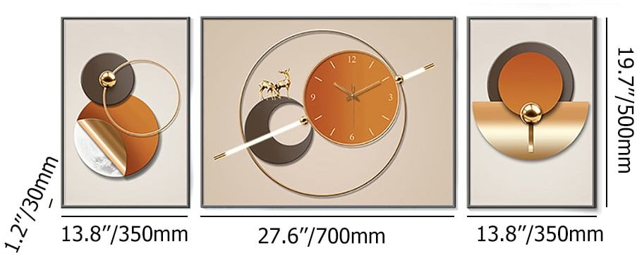 HMR - 3Pcs Geometric Wall Clock Decor Set Modern Canvas Painting Wall Art with Aluminum Frame