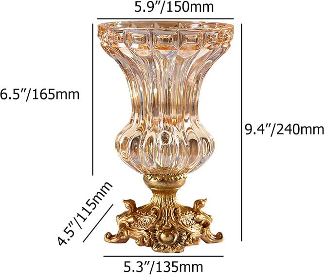 HMR - Retro European Style Golden Crystal Glass Carved Vase Artificial Flowers in Vase Set