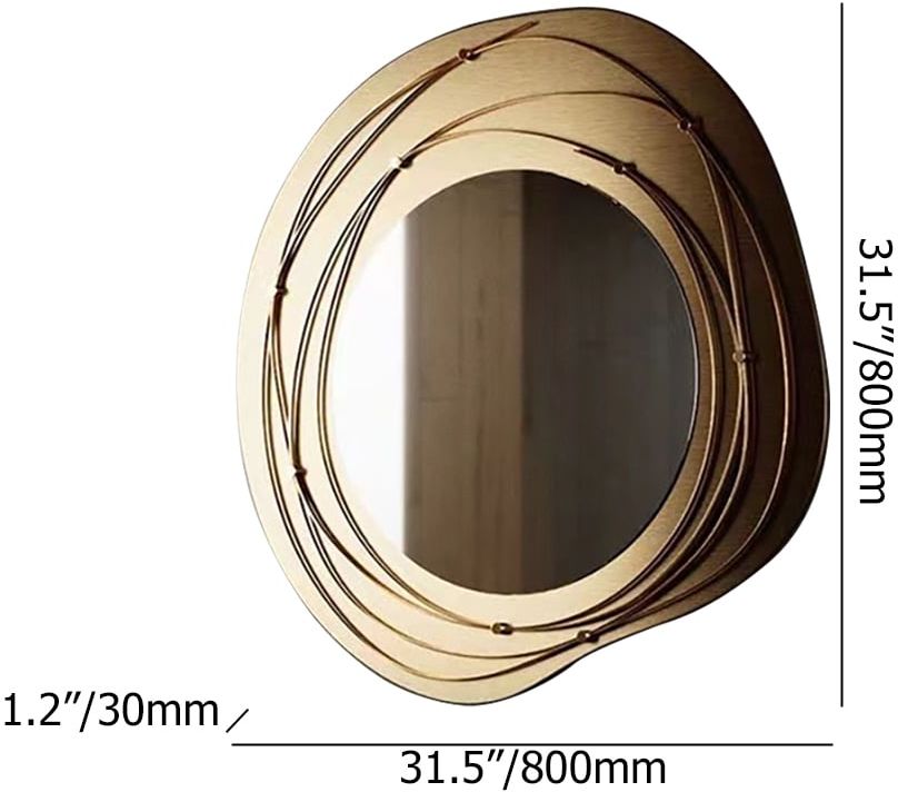HMR - 31.5" Gold Framed Metal Round Wall Mirror with Abstract Lines Decoration