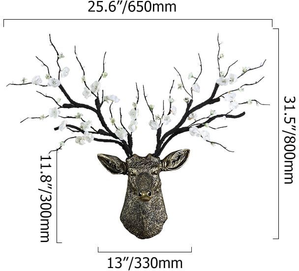 HMR - Antique Bronze Deer Head Wall Decor White Cherry Blossom Artificial Flower Arrangement