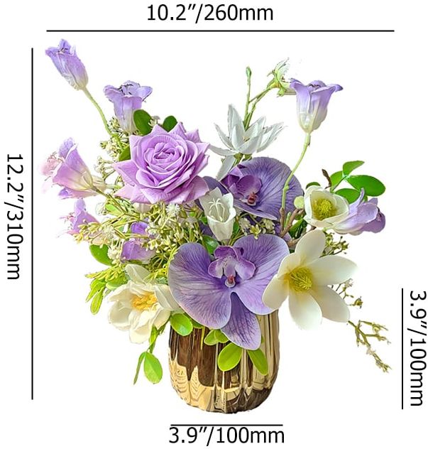 HMR - Purple Artificial Flower Arrangement in Gold Vase Fake Flower Dining Table Centerpiece