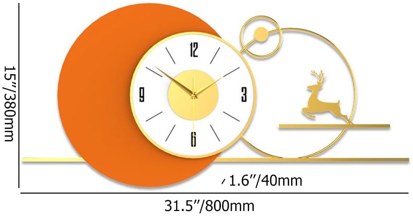 HMR - White & Orange Large Round Metal Wall Clock with Gold Pointer Modern Home Deer Decor Art