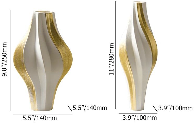 HMR - 2 Pieces Modern Resin Curved Lines Flower Vase Set Sculpture Decor Art in White & Gold