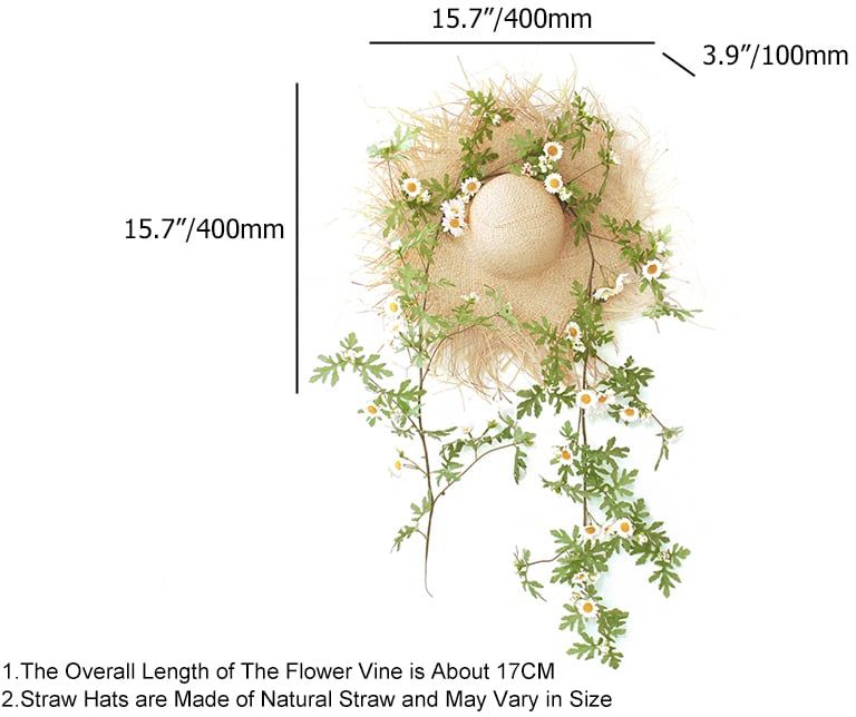 HMR - Boho Hanging Artificial Vines Fake Silk Flower Garlands with The Handmade Straw Hat