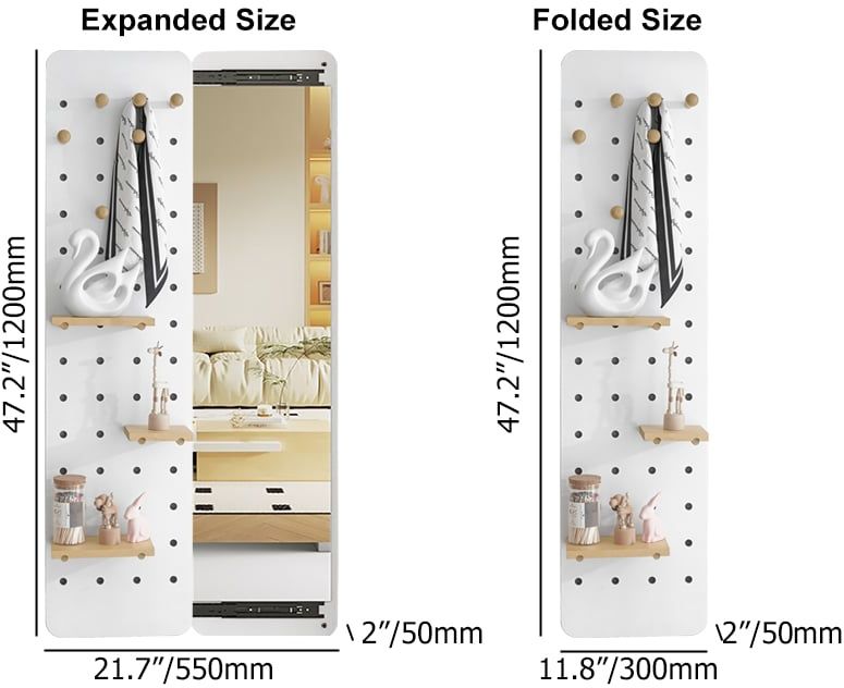 HMR - 47.2" Pegboard Hidden Sliding Dressing Full Length Floating Wall Mirror Coat Rack Hooks