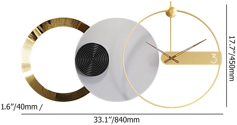 HMR - 33" x 18" Large Round Gray & Gold Wall Clock with Wood Pointer Modern Home Decor Art