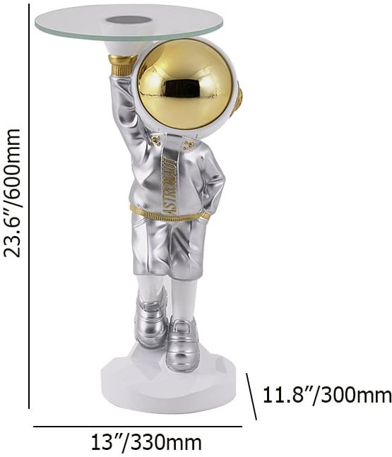 HMR - 23.6" Silver Astronaut Floor Statue Sculpture Decor Art Side Table with Wireless Charger