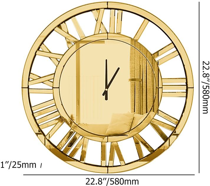 HMR - 23" Large Round Roman Numeral Silent Wall Clock Modern Acrylic Mirror Decor Art in Gold