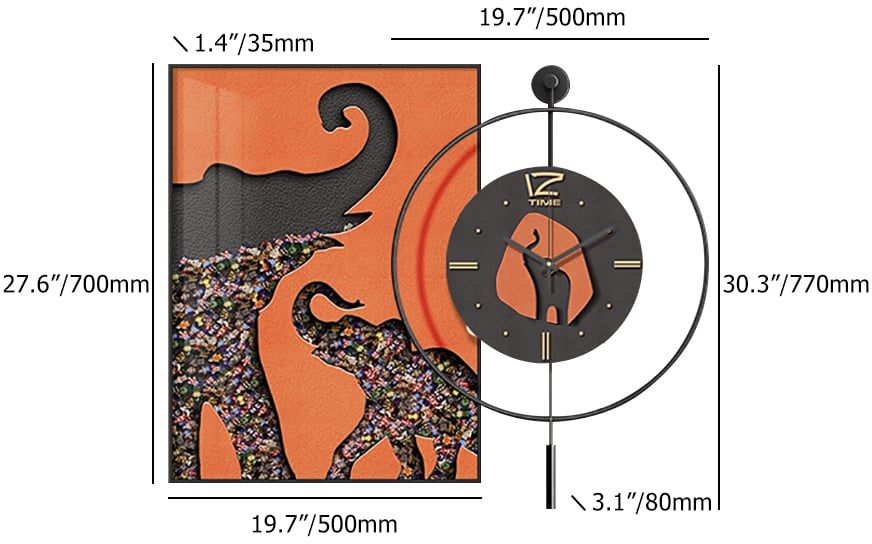 HMR - Goreal Round Wall Clock Orange Rectangle Elephant Building Blocks Decor Art Living Room