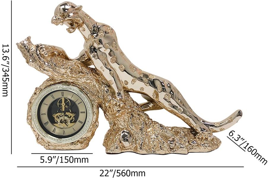 HMR - Gold Electroplating Cheetah Mute Imitation Diamond Resin Table Clock Home Decoration