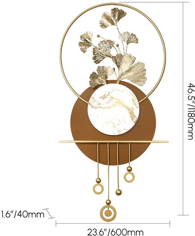 HMR - 46.5" Modern 3D Golden Metal Ginkgo Leaf Geometric Wall Art with Marble Accent