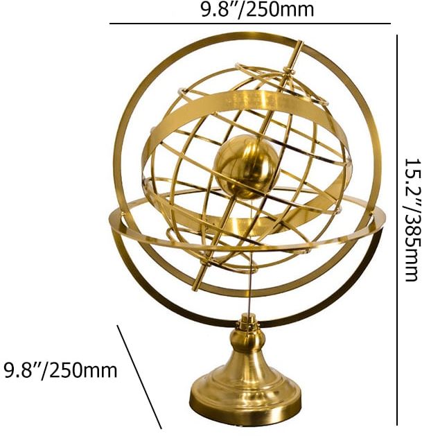 HMR - 15 inches Gold Globe Ornament Sculpture Modern Metal Geometric Figurine Table Decor Art
