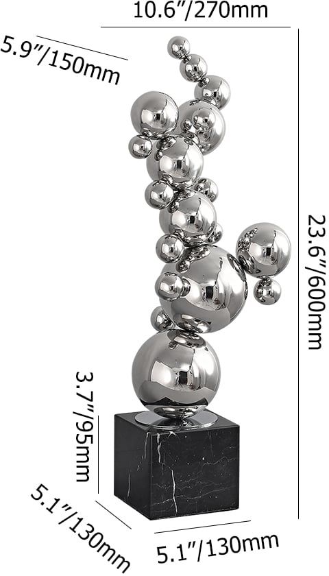 HMR - 24" Modern Abstract Geometric Ball Sculpture Art Ornament Stainless Steel & Marble Decor