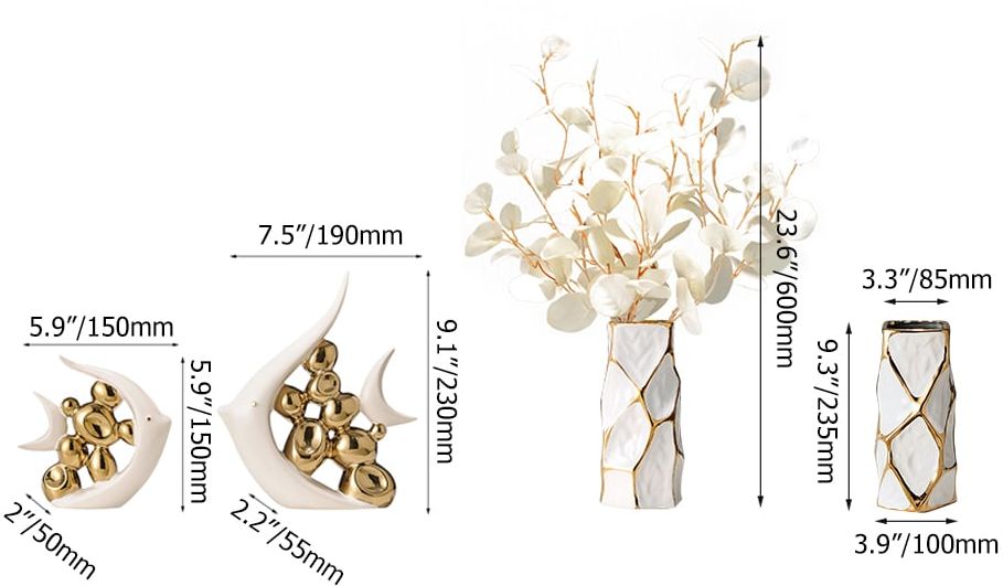 HMR - Matte Gold Pair of Fish Resin Ornaments White Artificial Plant Arrangement in Gold Vase