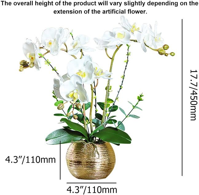 HMR - Artificial Flower Realistic White Orchids in Vase Set Gold Brushed Ceramic Flower Pots